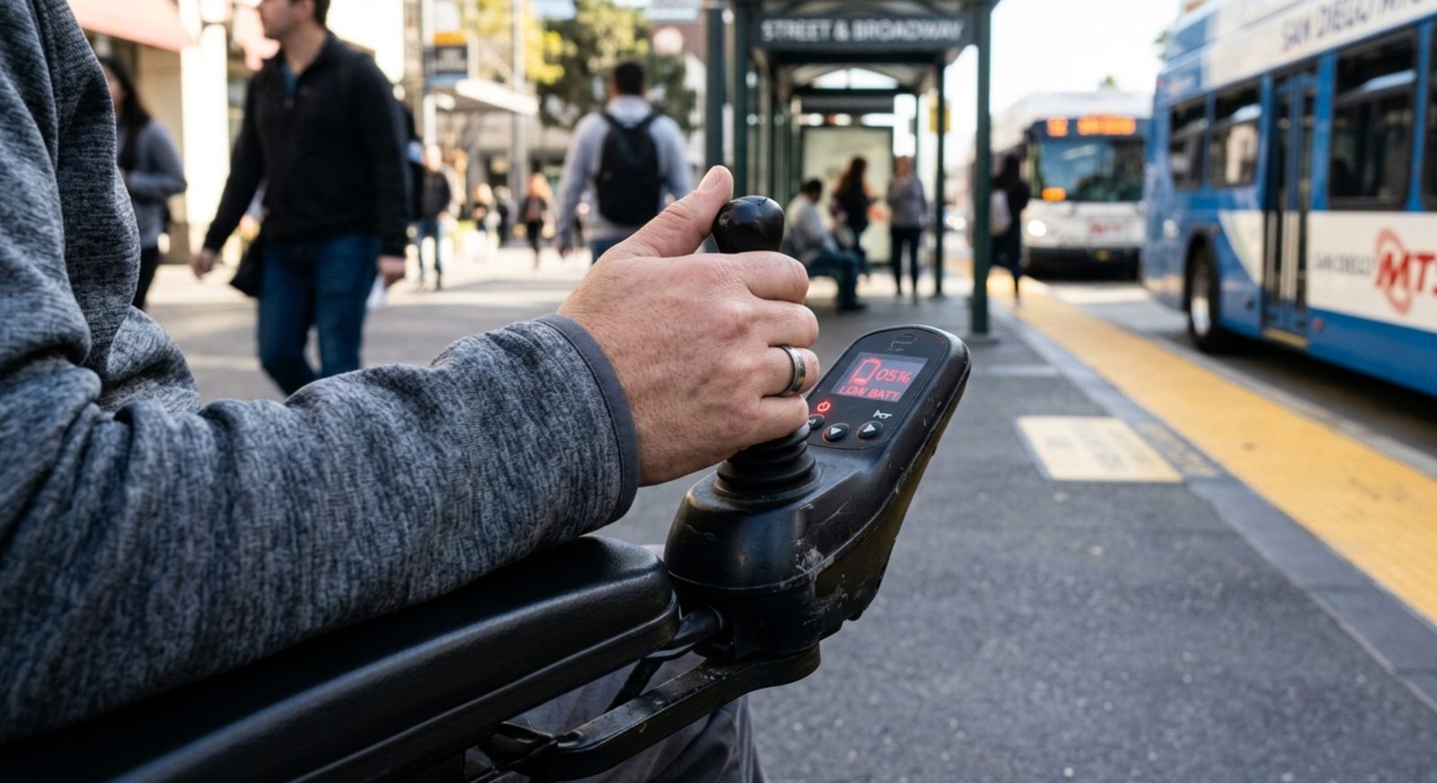 Close-up of a powered wheelchair user's hand on a joystick controller while waiting at a busy urban transit stop, with buses, pedestrians, and public transportation infrastructure visible in the background.