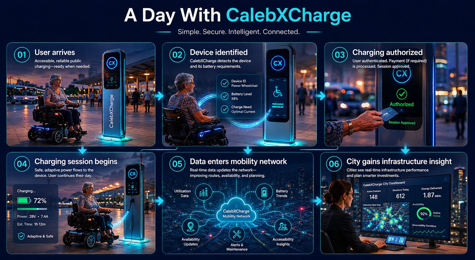 Step-by-step CalebXCharge workflow showing a powered mobility user arriving, device identification, charging authorization, safe charging, network data updates, and city infrastructure insights.