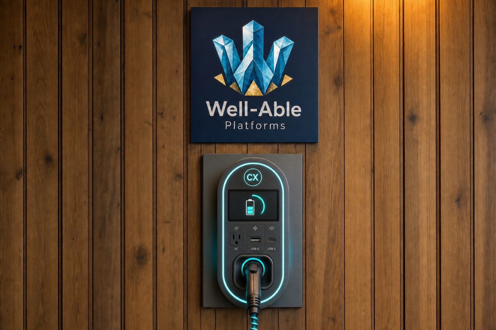 The Well-Able Platforms CX charging station in close detail: a status display showing charge progress, clearly marked AC, USB-A and USB-C ports, and the XLR charging cable docked in its holster