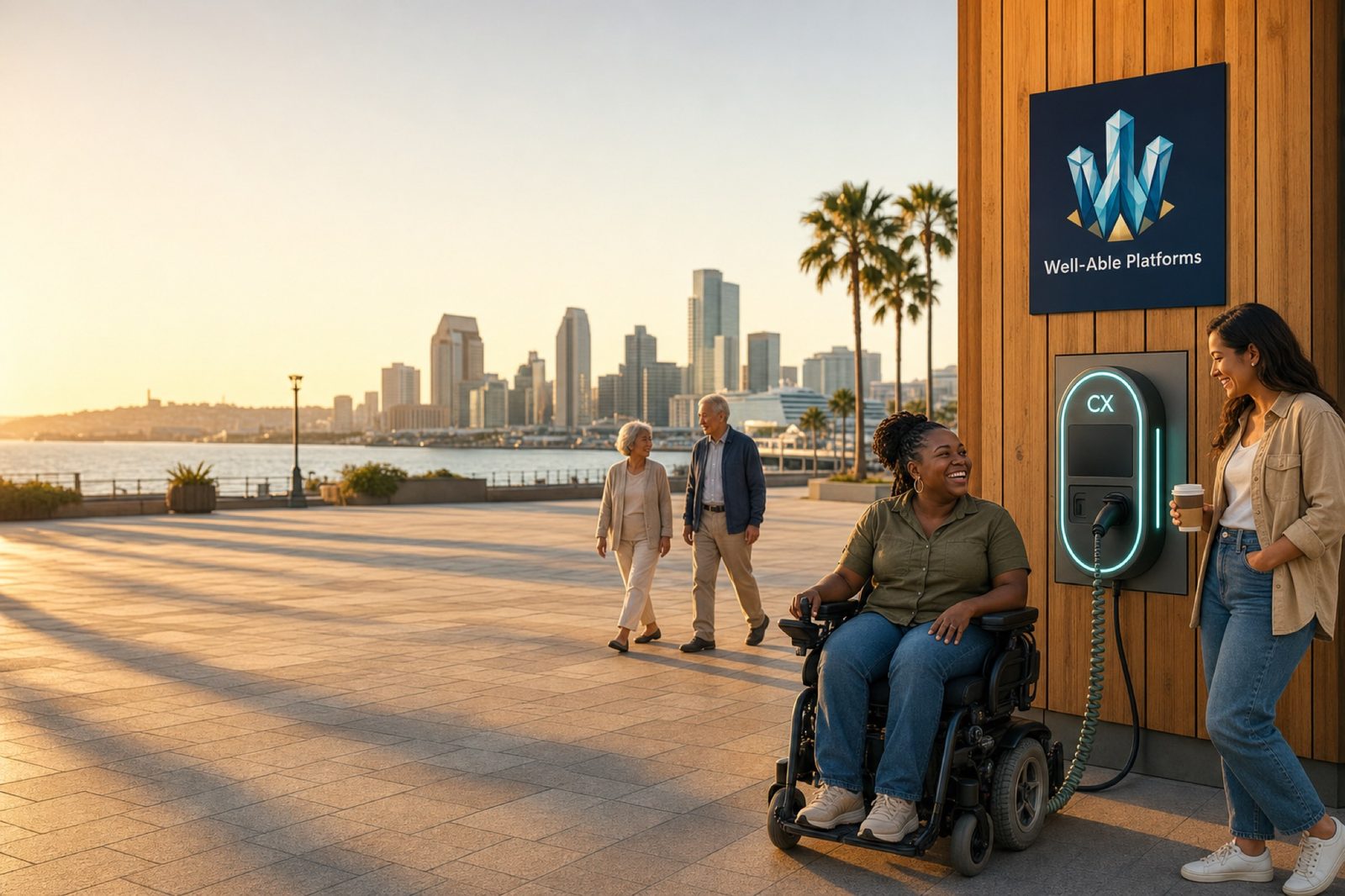 A woman in a power wheelchair charging at a branded Well-Able Platforms CX station on the San Diego waterfront at golden hour, laughing with a friend beside her