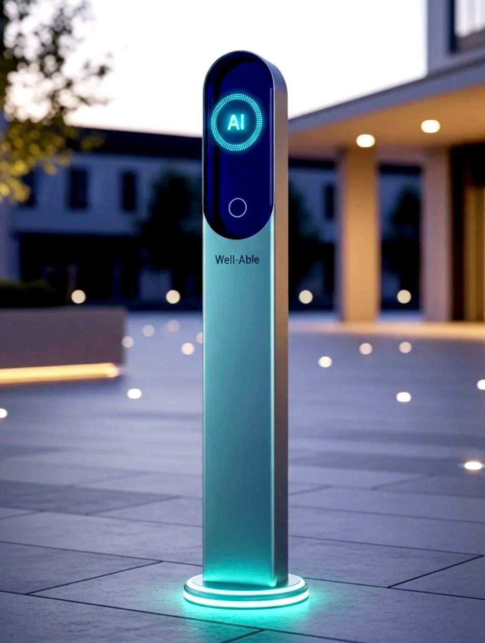 Slim Well-Able smart charging station with an illuminated AI interface, designed for powered mobility infrastructure in public spaces.