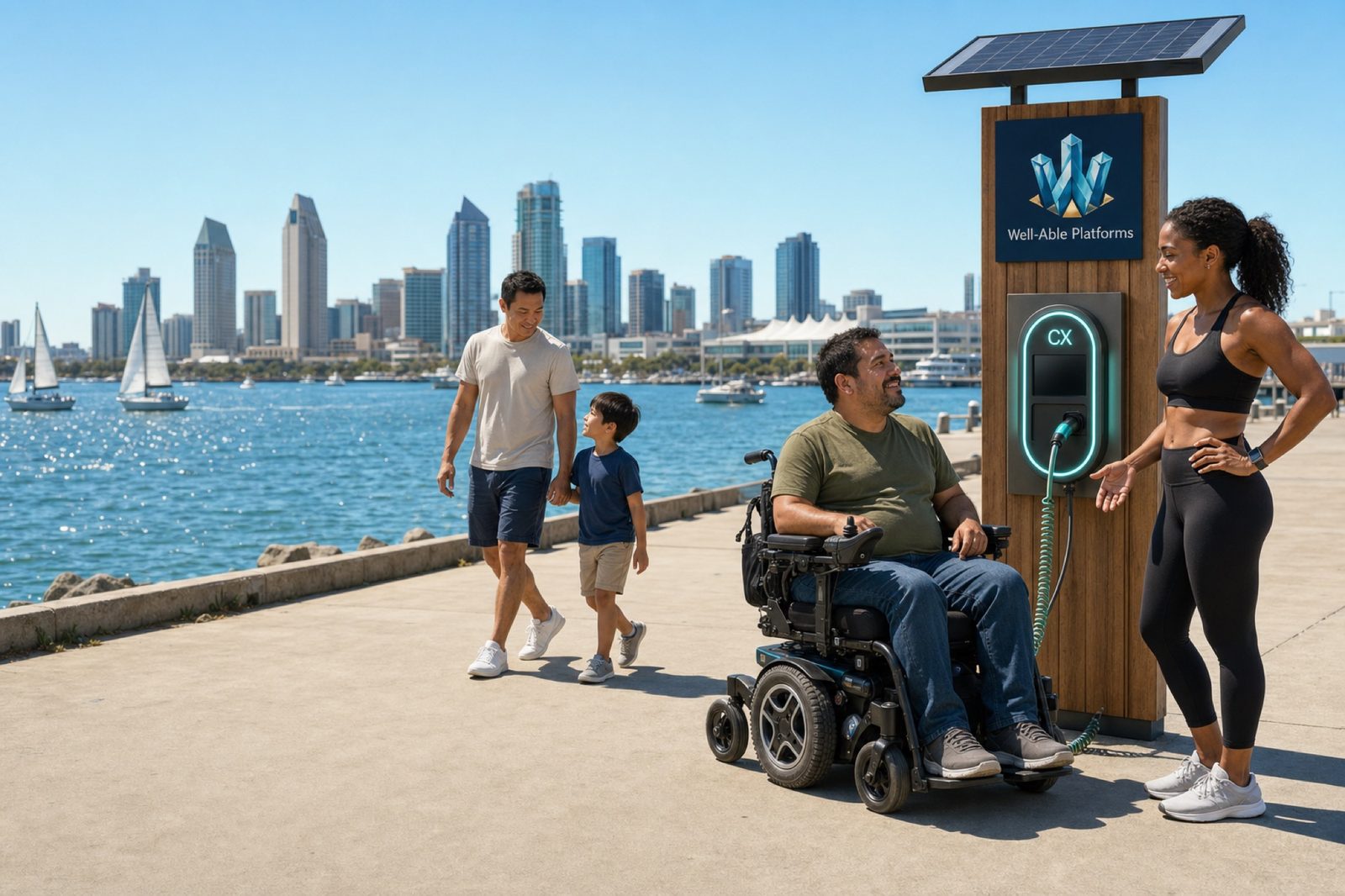 A man in a power wheelchair charging at a freestanding solar-canopied Well-Able Platforms CX station on a San Diego harbour pier in midday sun