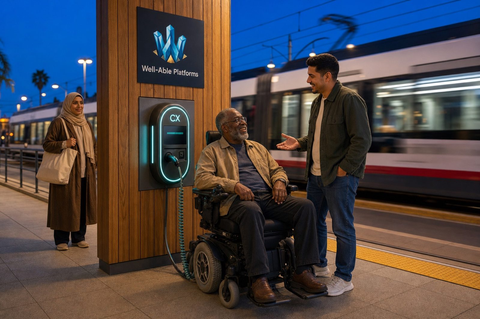 A man in a power wheelchair charging at a Well-Able Platforms CX station on a San Diego light-rail platform at dusk, in conversation with two other travellers