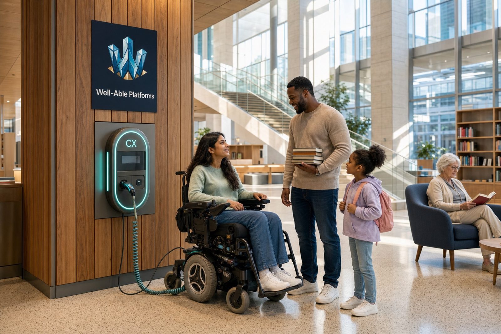 A woman in a power wheelchair charging at a Well-Able Platforms CX station in a bright civic library atrium, talking with a man and his daughter